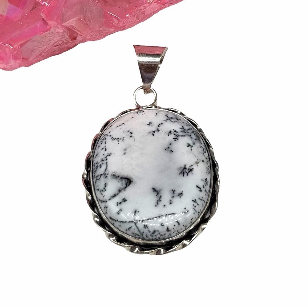 Dendritic Opal Necklace Pendant 925 Sterling Silver Overlay Natural Stone